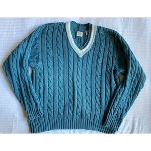 GAP 90's Vintage Cable Knit V-Neck Sweater Sz Large Blue Cotton Tennis Cricket